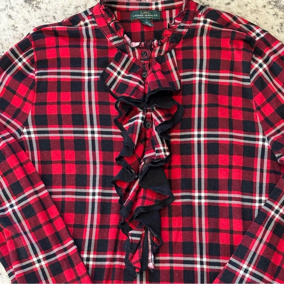 Ralph Lauren Tops - Ralph Lauren Women’s Red/Black Plaid Button Up Shirt With Ruffles SZ L